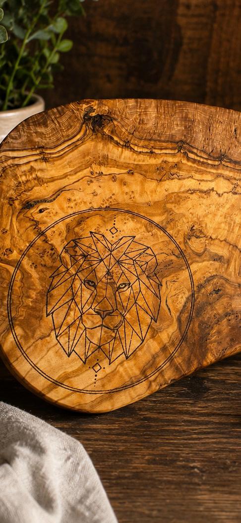 Geometric Lion Engraved Olive Wood Serving Board – 21x38cm