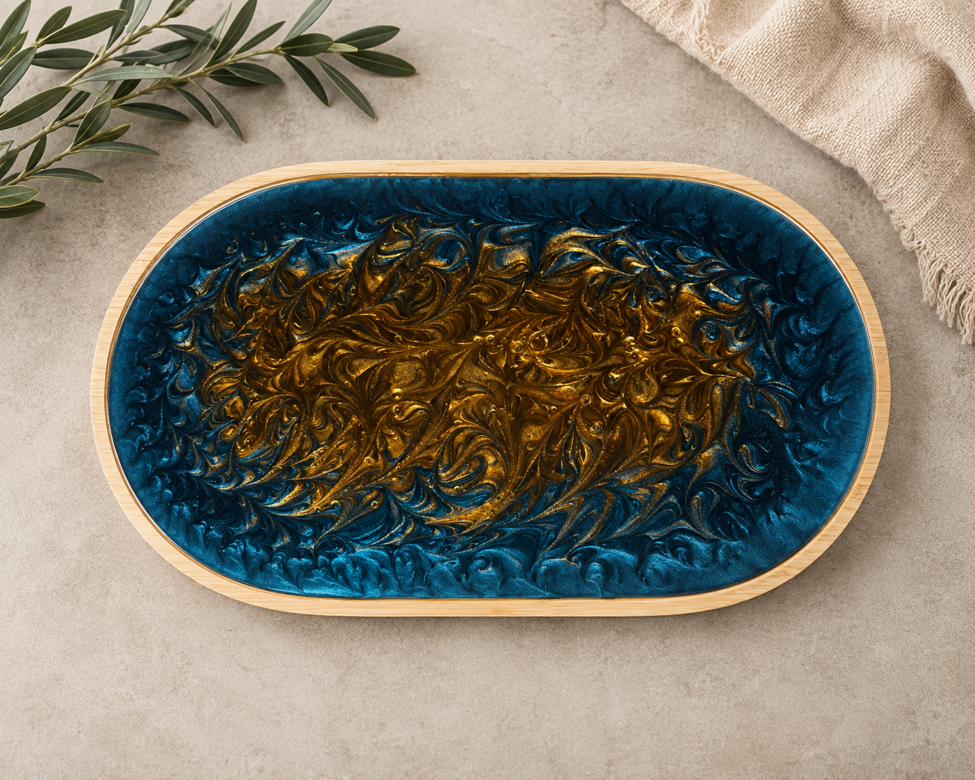 Handmade Bamboo & Blue-Gold Epoxy Resin Serving Tray | Decorative Tray | 25 × 40 cm