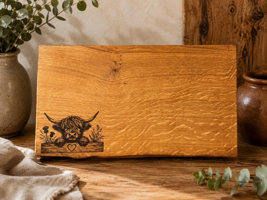 Highland Cow Engraved Oak Serving Board – 20x35cm