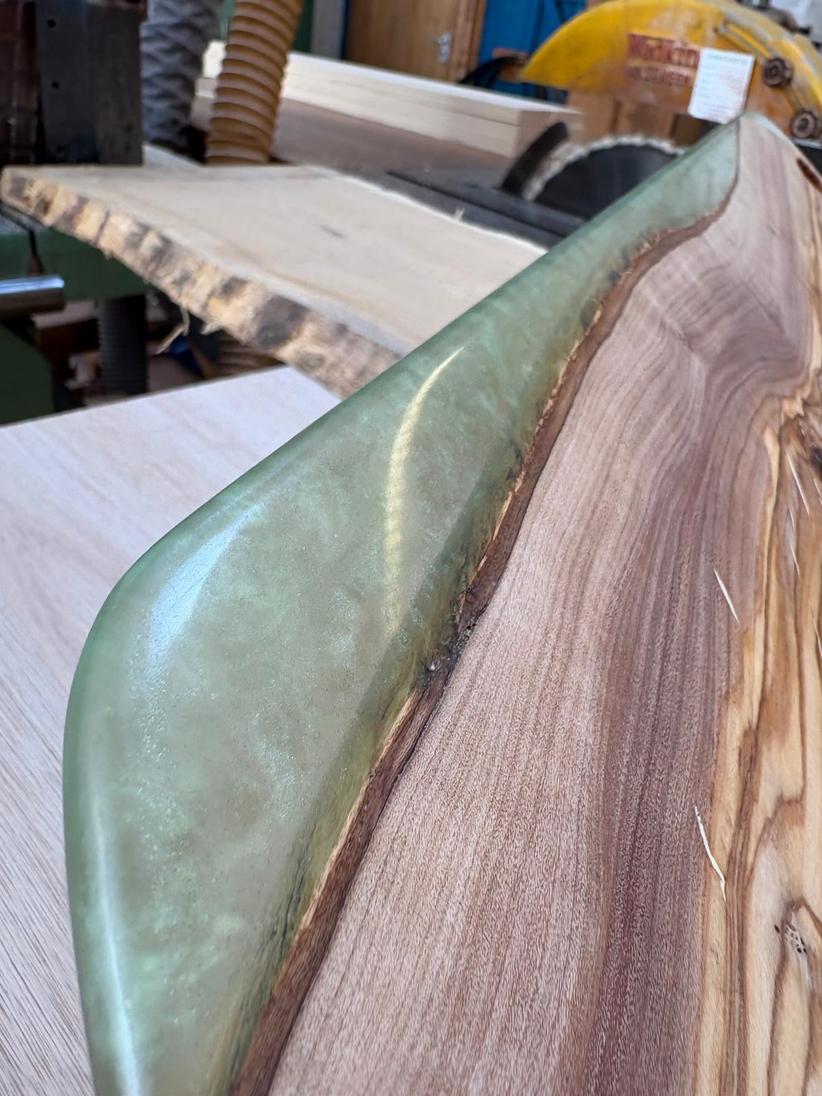 Natural Live-Edge Wooden Serving Board – Sage Resin Detail