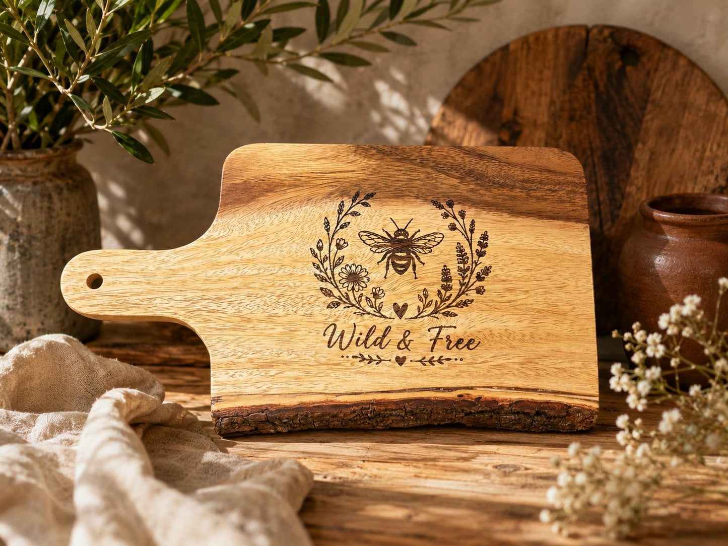 Wild & Free Engraved Acacia Wood Serving Board – 19x33cm