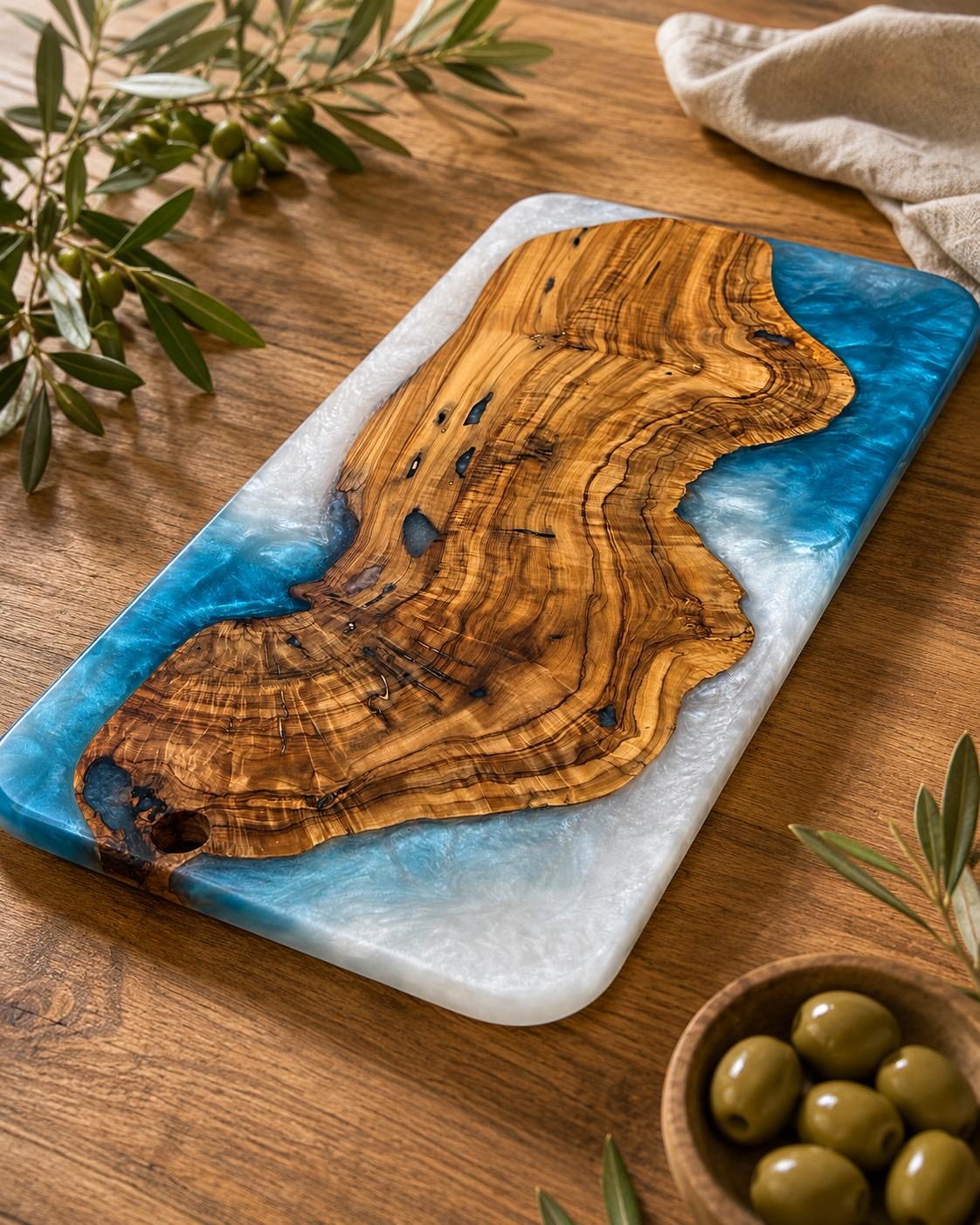 Ocean Tide Live-Edge Olive Wood & Resin Board — 50x25cm