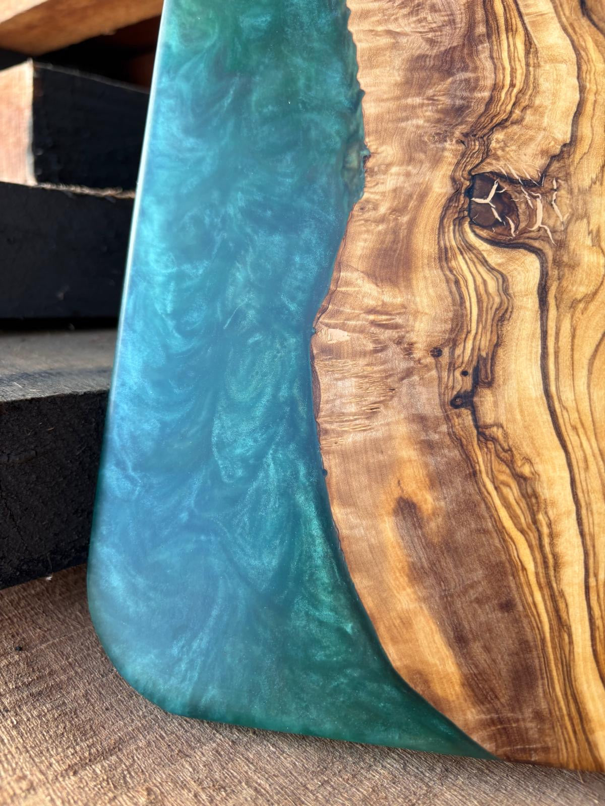 Handmade Olive Wood & Emerald Green Resin Serving Board