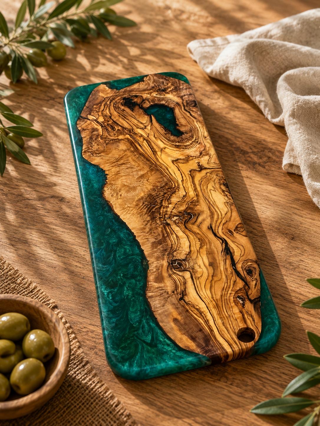 Handmade Olive Wood & Emerald Green Resin Serving Board