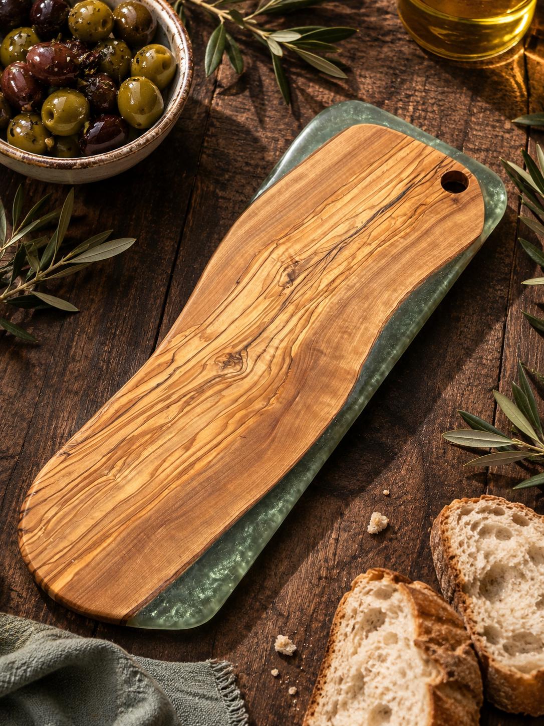 Natural Live-Edge Wooden Serving Board – Sage Resin Detail