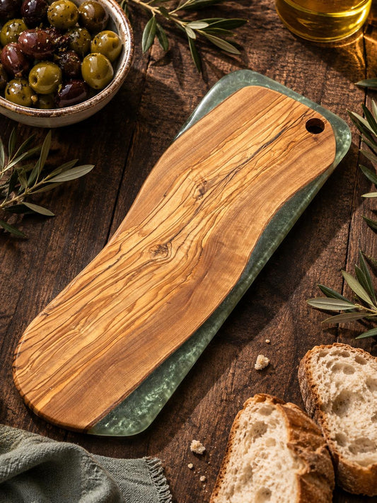Natural Live-Edge Wooden Serving Board – Sage Resin Detail