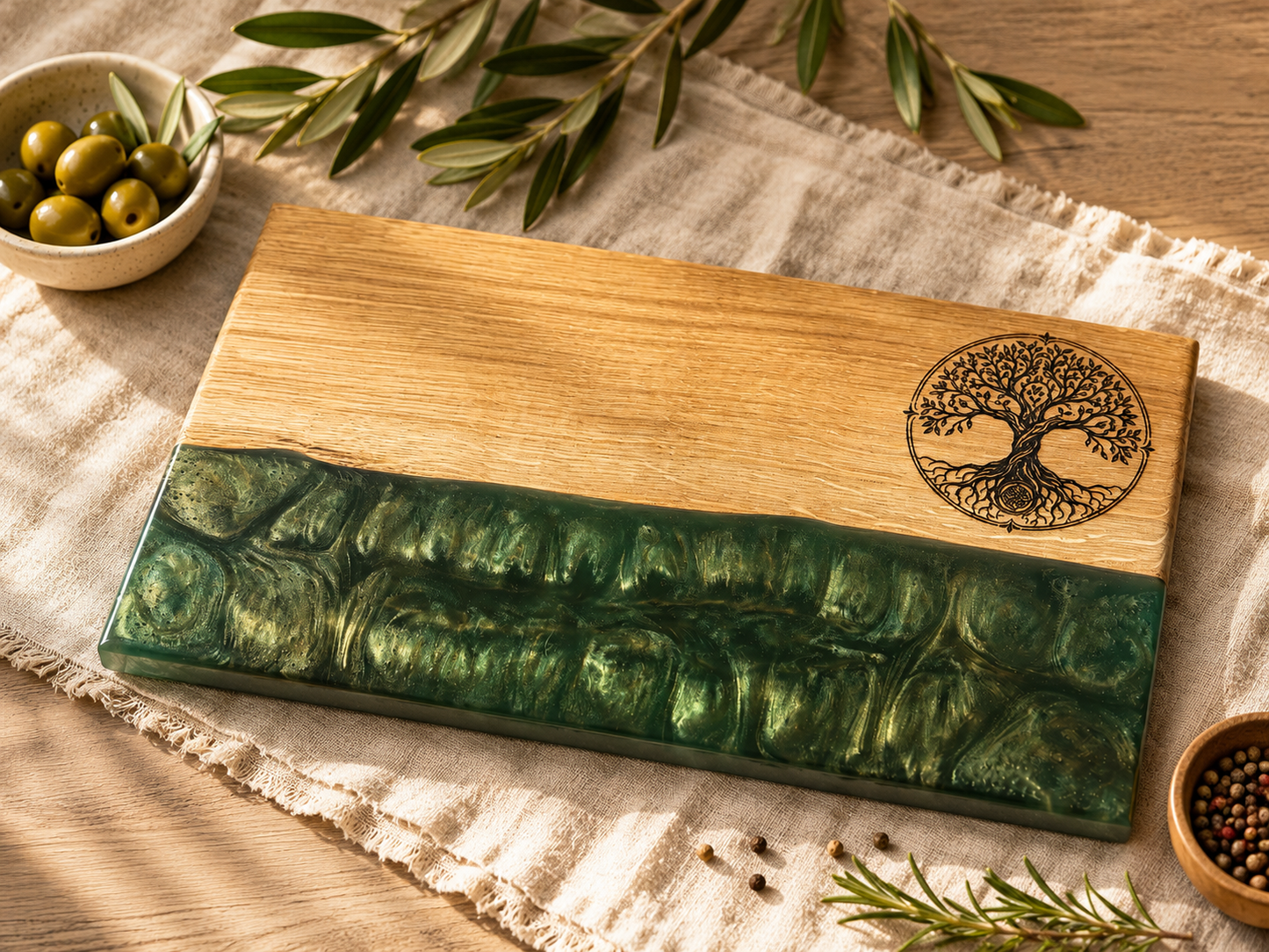 Handmade Oak & Emerald Green Epoxy Resin Serving Board | Tree of Life Charcuterie Board | Luxury Cheese Board