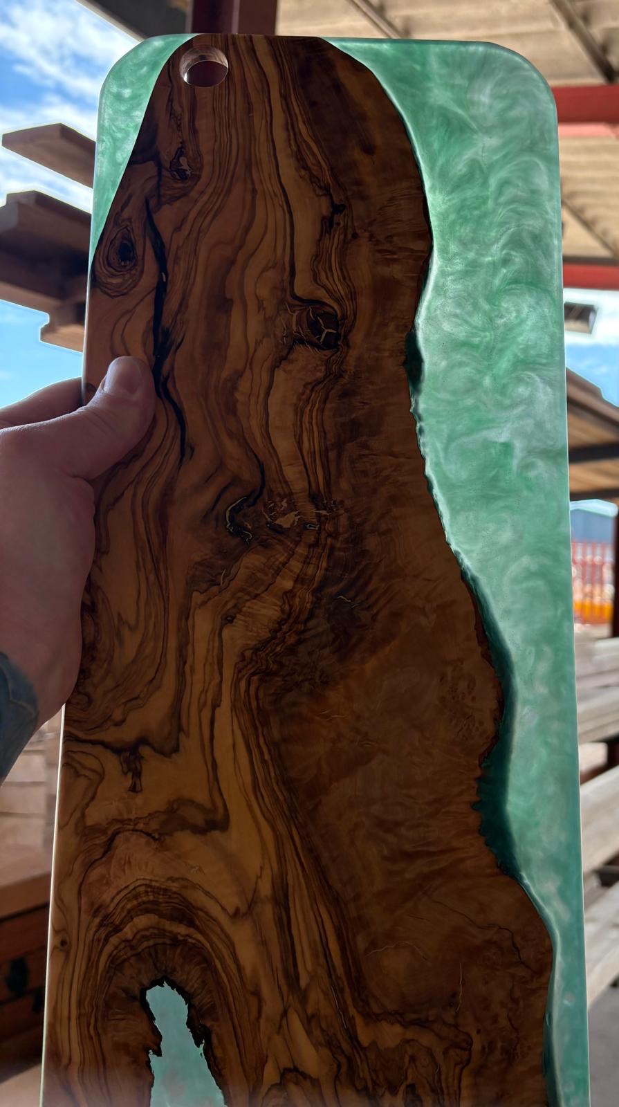 Handmade Olive Wood & Emerald Green Resin Serving Board