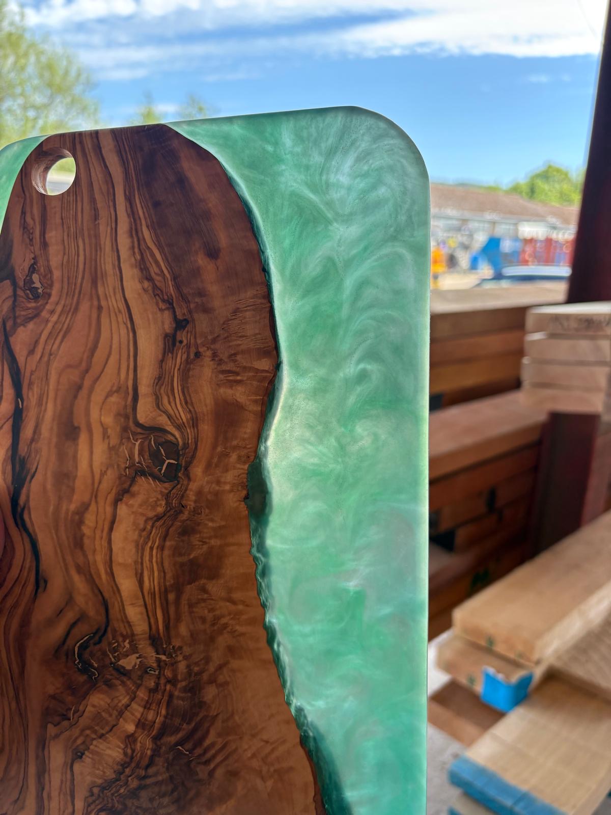 Handmade Olive Wood & Emerald Green Resin Serving Board
