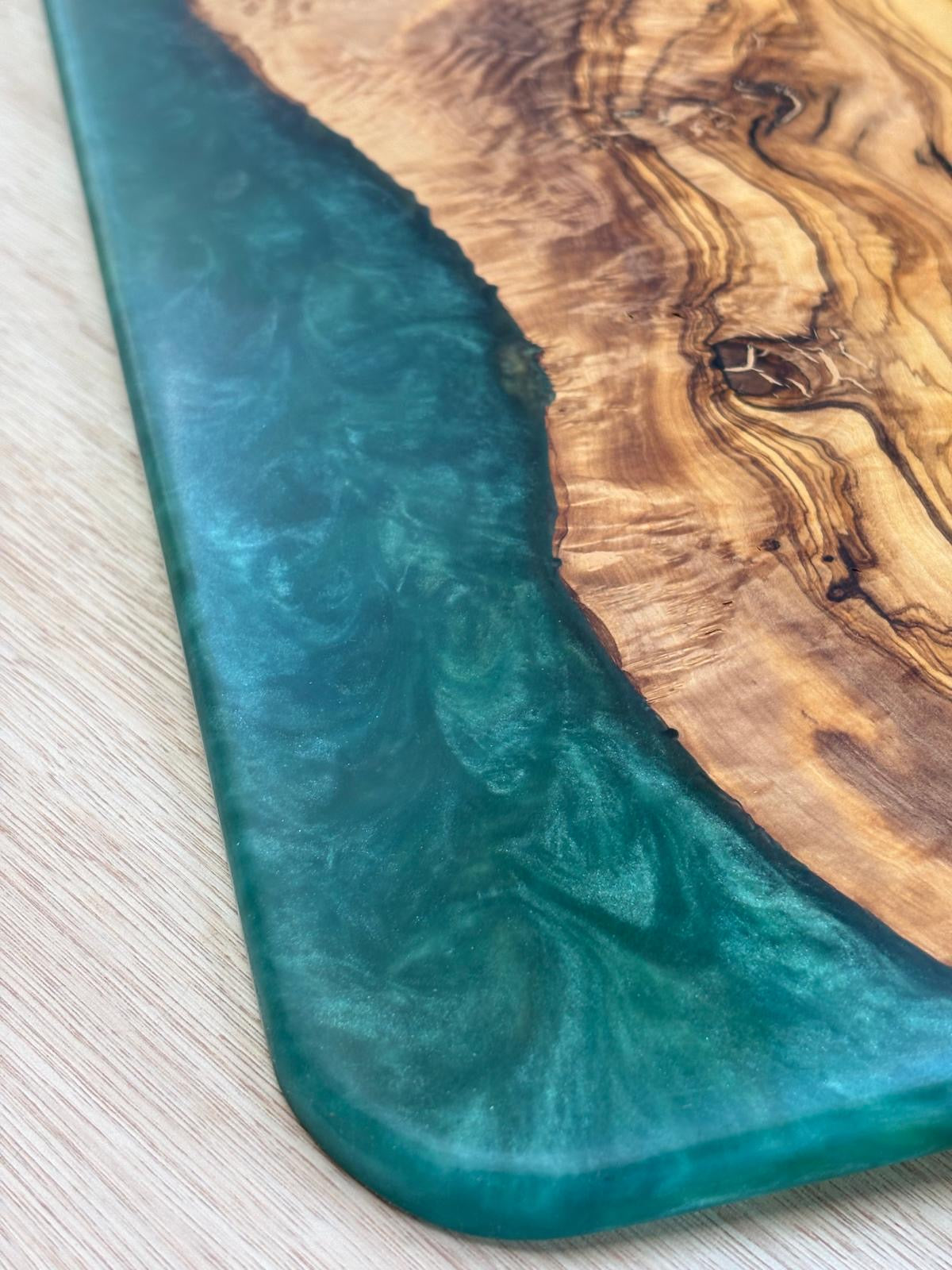 Handmade Olive Wood & Emerald Green Resin Serving Board