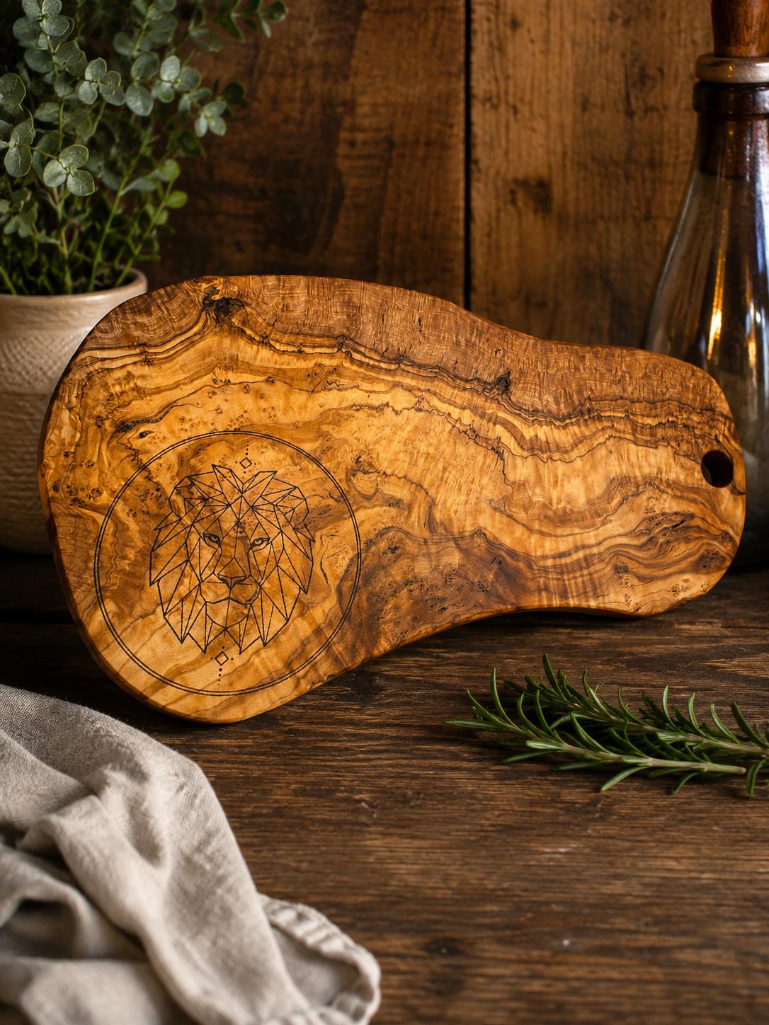 Geometric Lion Engraved Olive Wood Serving Board – 21x38cm