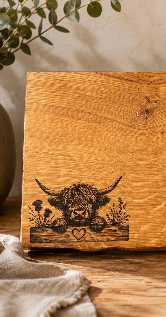 Highland Cow Engraved Oak Serving Board – 20x35cm