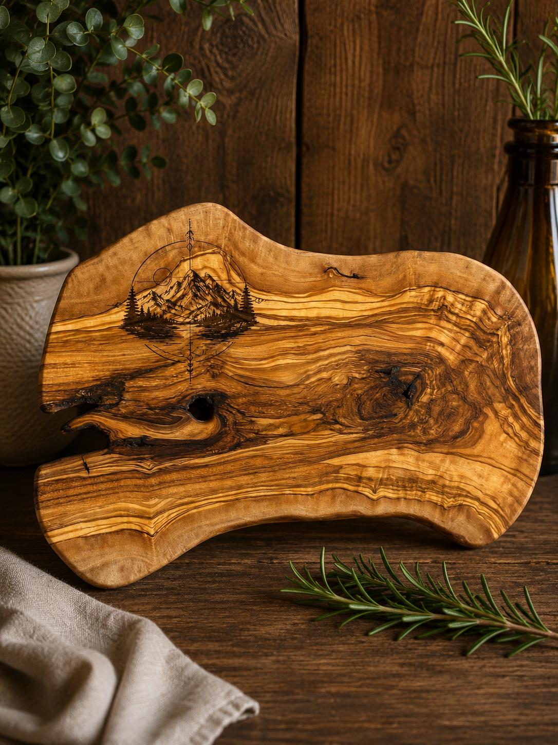 Mountain Scene Engraved Olive Wood Serving Board – 26x40cm