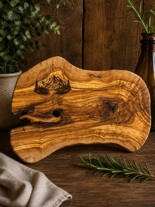 Mountain Scene Engraved Olive Wood Serving Board – 26x40cm