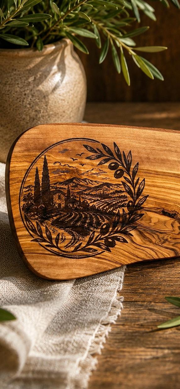 Tuscan Landscape Engraved Olive Wood Serving Board – 12x29cm