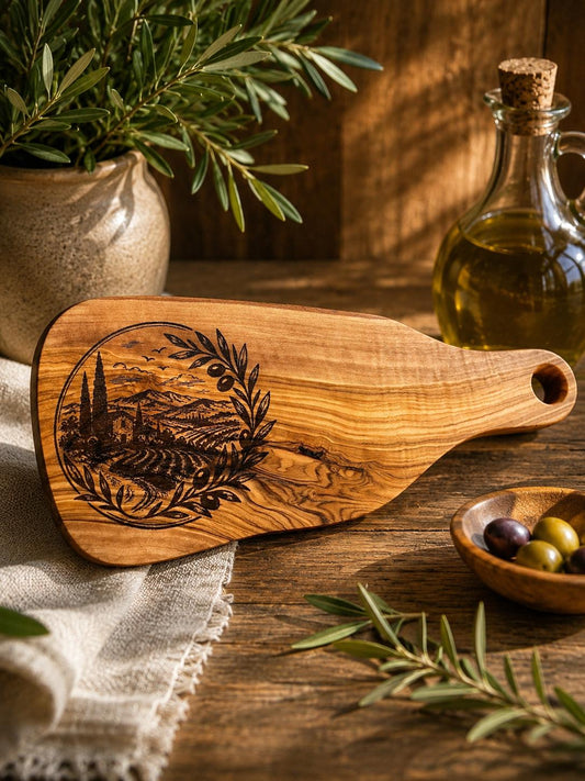 Tuscan Landscape Engraved Olive Wood Serving Board – 12x29cm