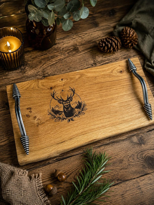 Highland Oak Serving Board – Hand-engraved Stag – 20x36cm