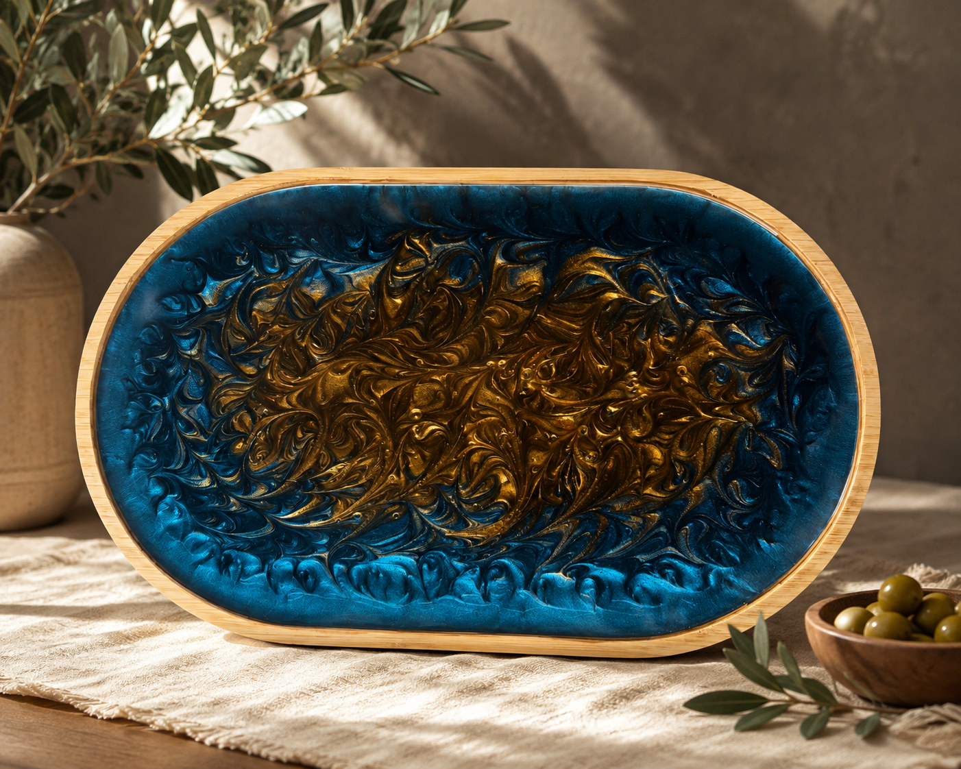 Handmade Bamboo & Blue-Gold Epoxy Resin Serving Tray | Decorative Tray | 25 × 40 cm